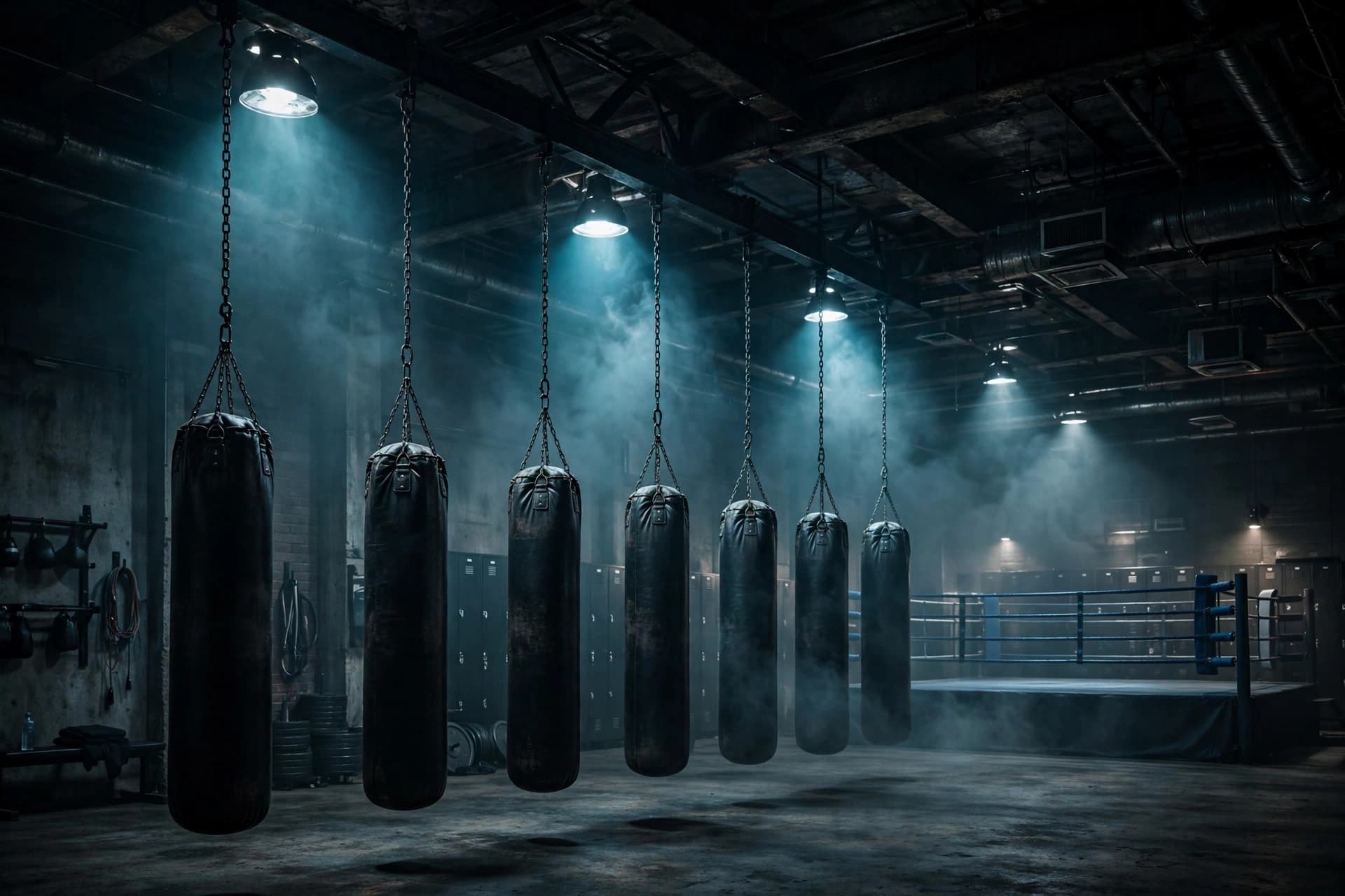 Boxing gym with heavy bags under dramatic lighting
